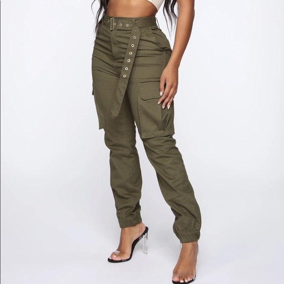 Fashion Nova Pants - Fashion Nova, Army Green Belted,Cargo Pants,Elastic Ankles,EUC, Small